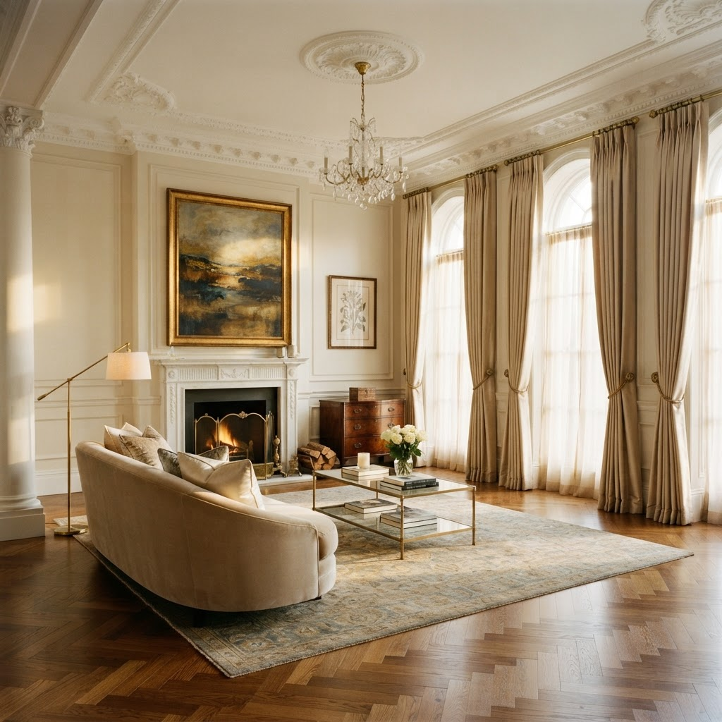 The same room restored with ivory plaster, parquet and silk curtains
