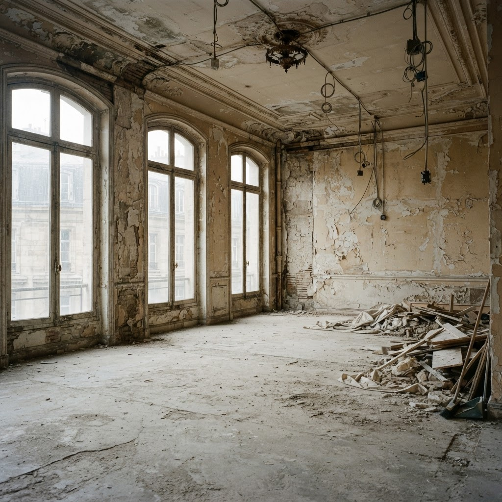 An unrenovated grand room with peeling paint and bare floors