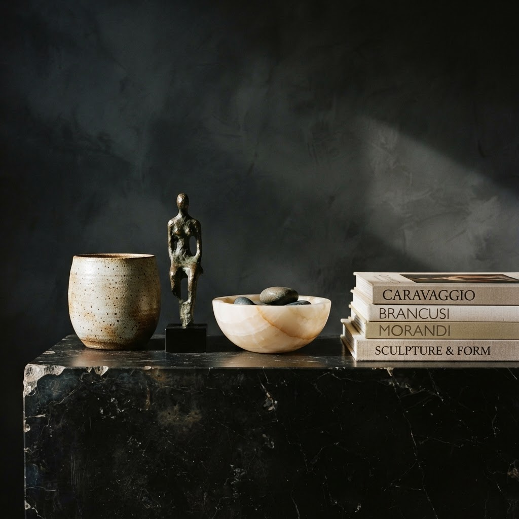 Ceramic vessels, a bronze sculpture and an alabaster bowl arranged on a dark stone plinth