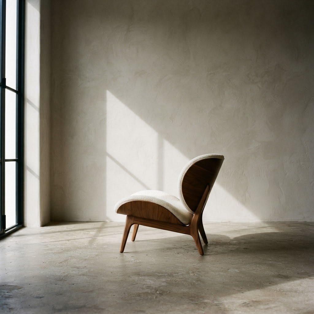 A sculptural lounge chair in ivory bouclé with a walnut frame in an empty plastered room