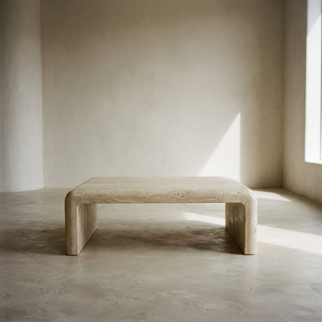 A monolithic travertine coffee table standing alone in an empty ivory room