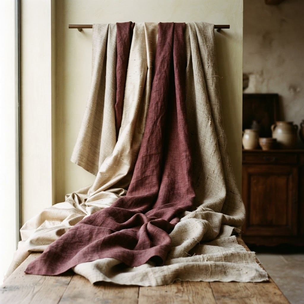 Draped folds of raw silk and handwoven linen in champagne, oatmeal and burgundy
