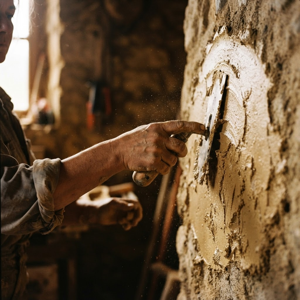 An artisan applying hand-troweled lime plaster to a wall