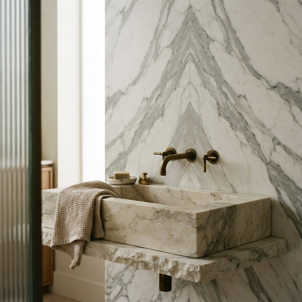 A marble bathroom with a monolithic stone basin