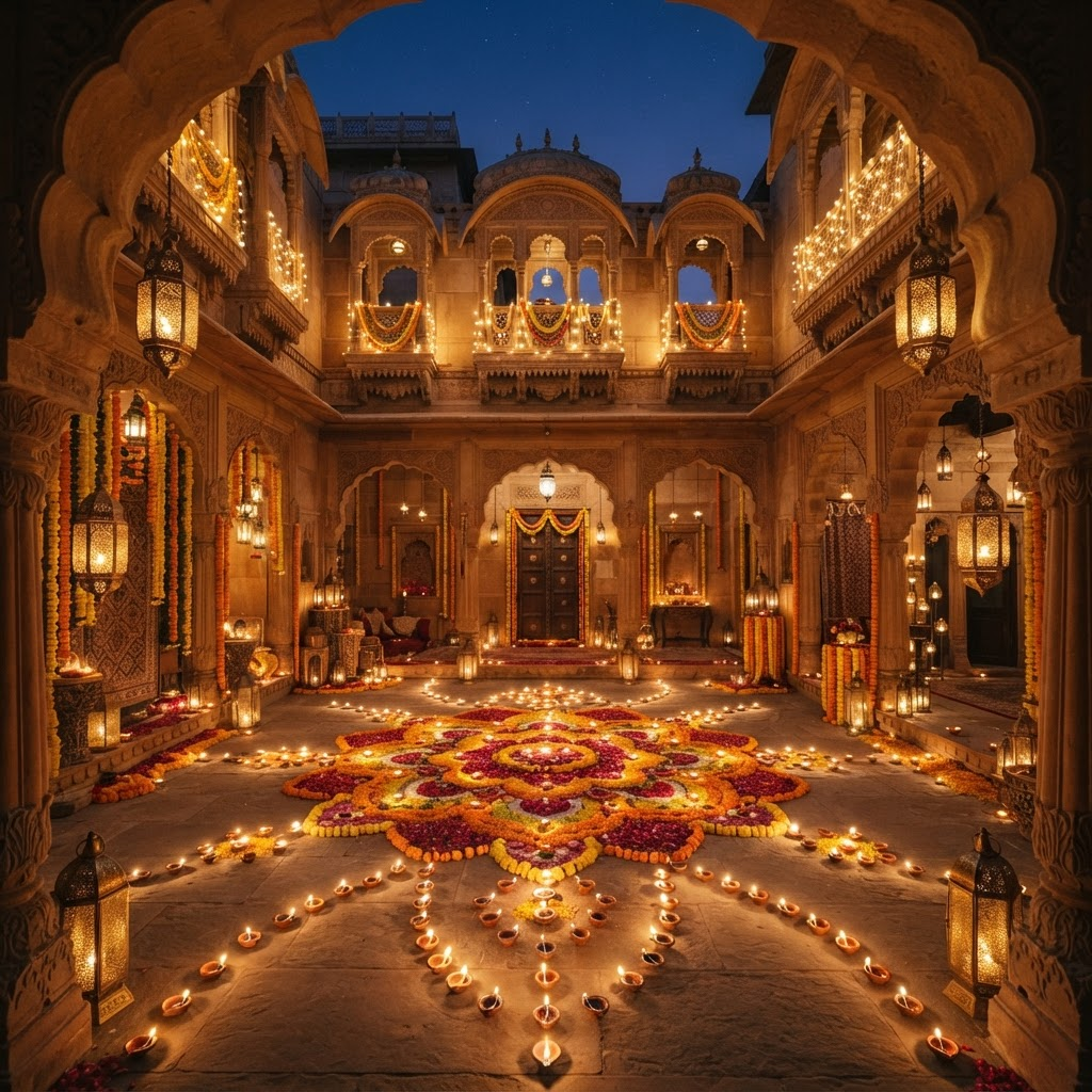 A luxury Diwali celebration in a heritage courtyard with hundreds of glowing diya lamps and rangoli at dusk