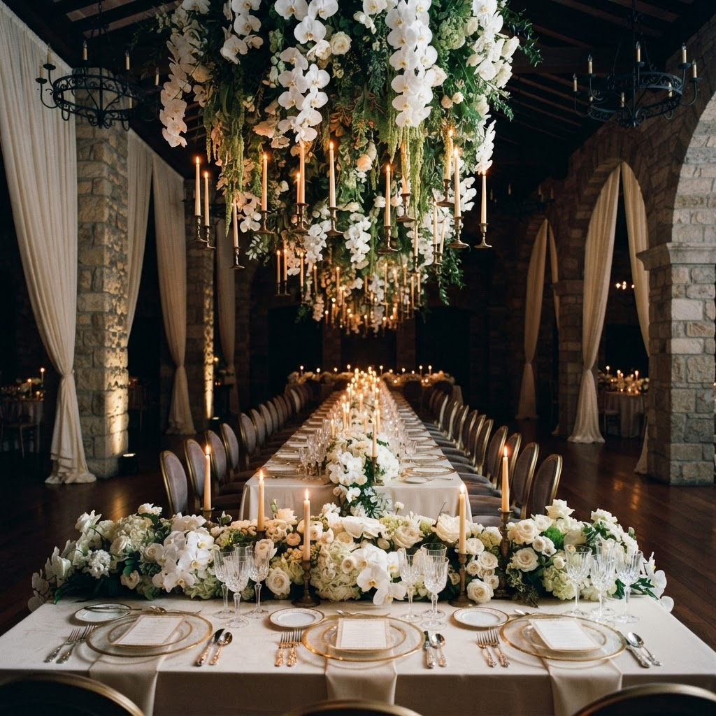 An ultra-luxury wedding reception at blue hour beneath a vast installation of suspended orchids and candlelight