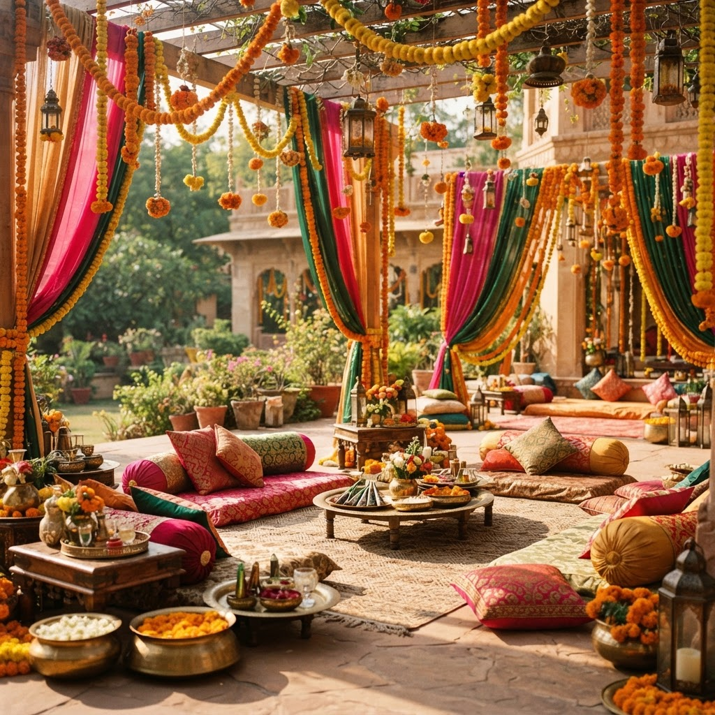 A luxury mehendi and sangeet function with marigold garlands, silk canopies and low seating