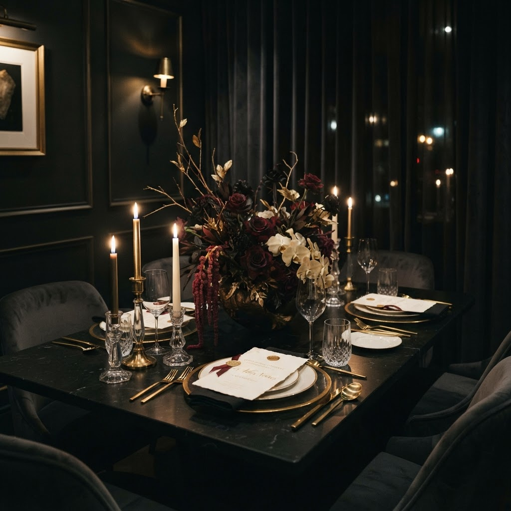 An exclusive VIP private dining setup in a dark room with a sculptural floral installation and candlelight
