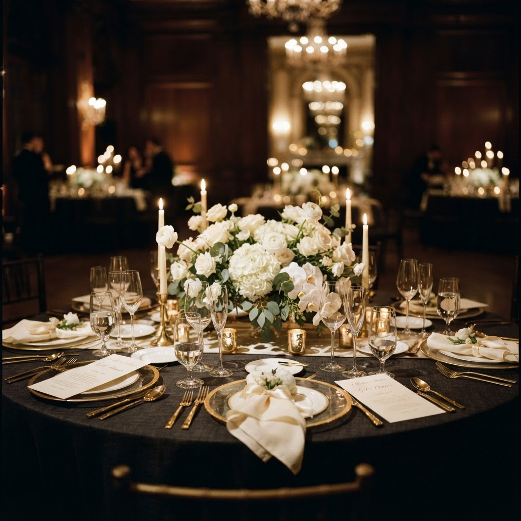 An intimate luxury gala dinner table set with white florals and candlelight in a dark grand room