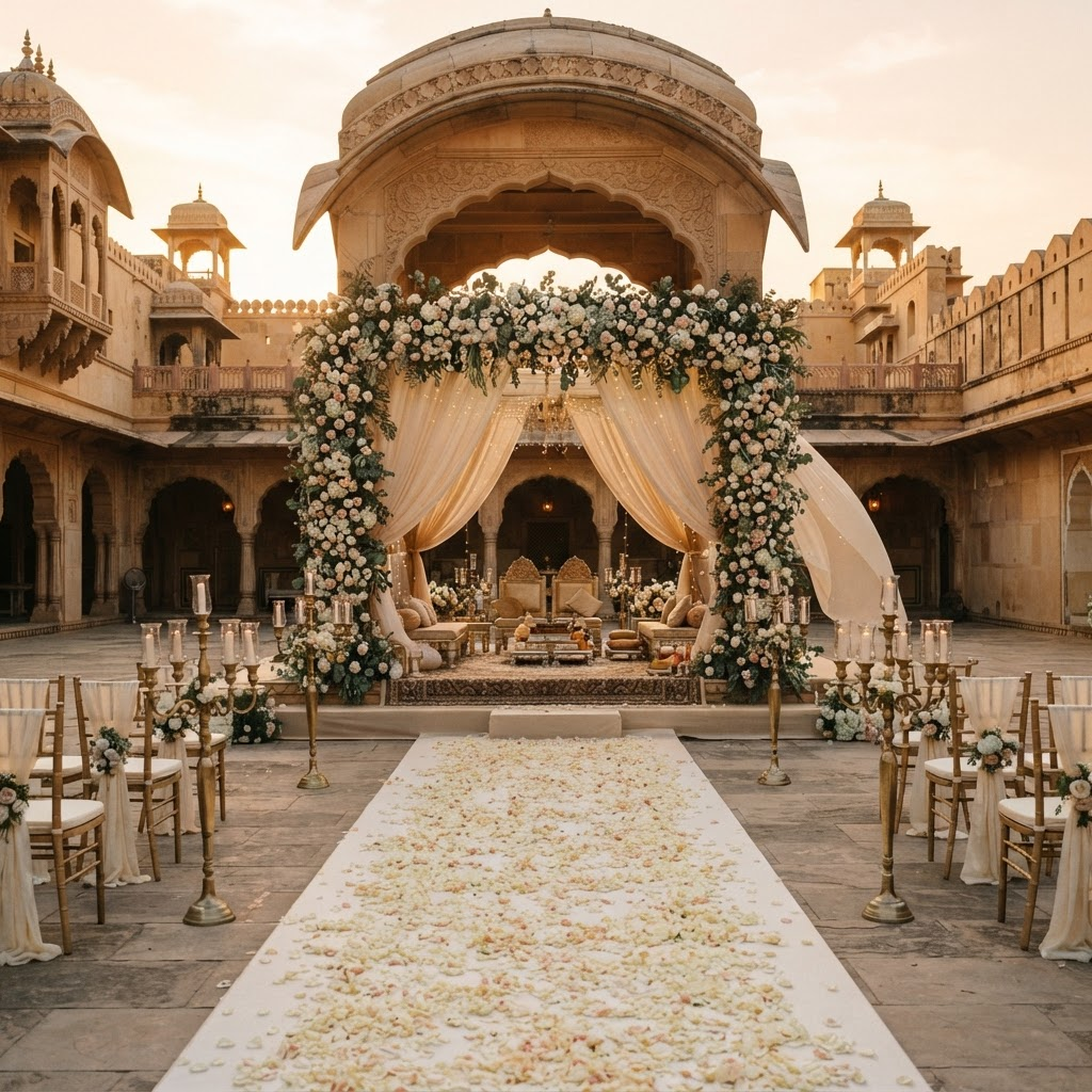 A palace wedding ceremony with a soaring ivory floral arch and a petal-strewn aisle at golden hour