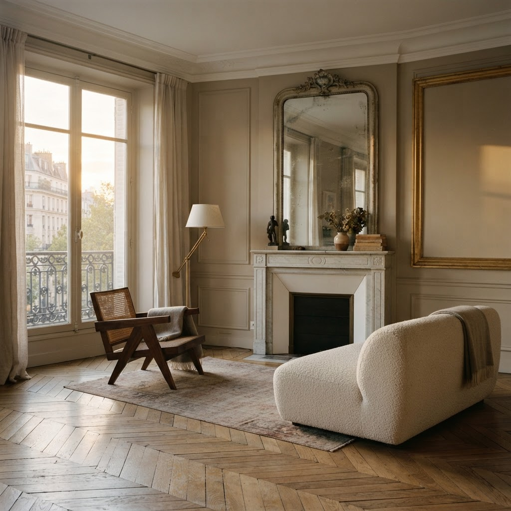 A Parisian drawing room with a marble fireplace and afternoon light