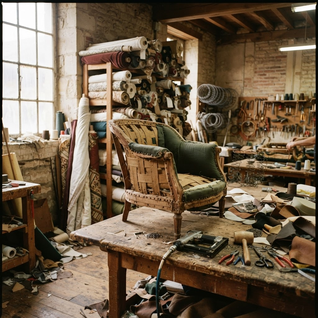 Inside an upholstery atelier with rolls of fabric and a part-finished chair frame