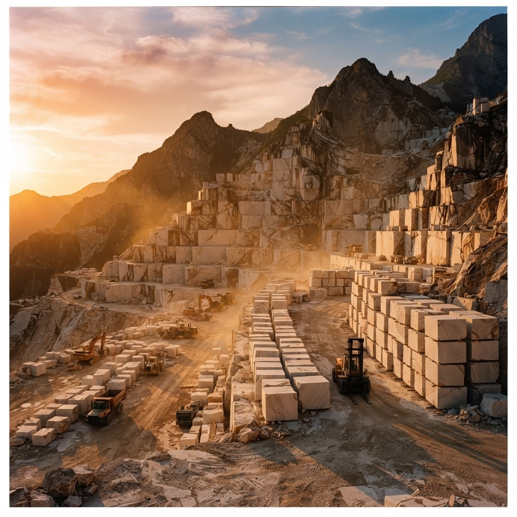 Monumental cut blocks of cream marble stacked in a quarry at golden hour