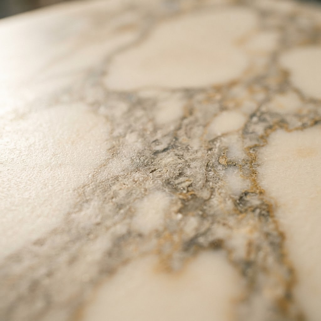 Macro photograph of honed cream marble with grey and gold veining