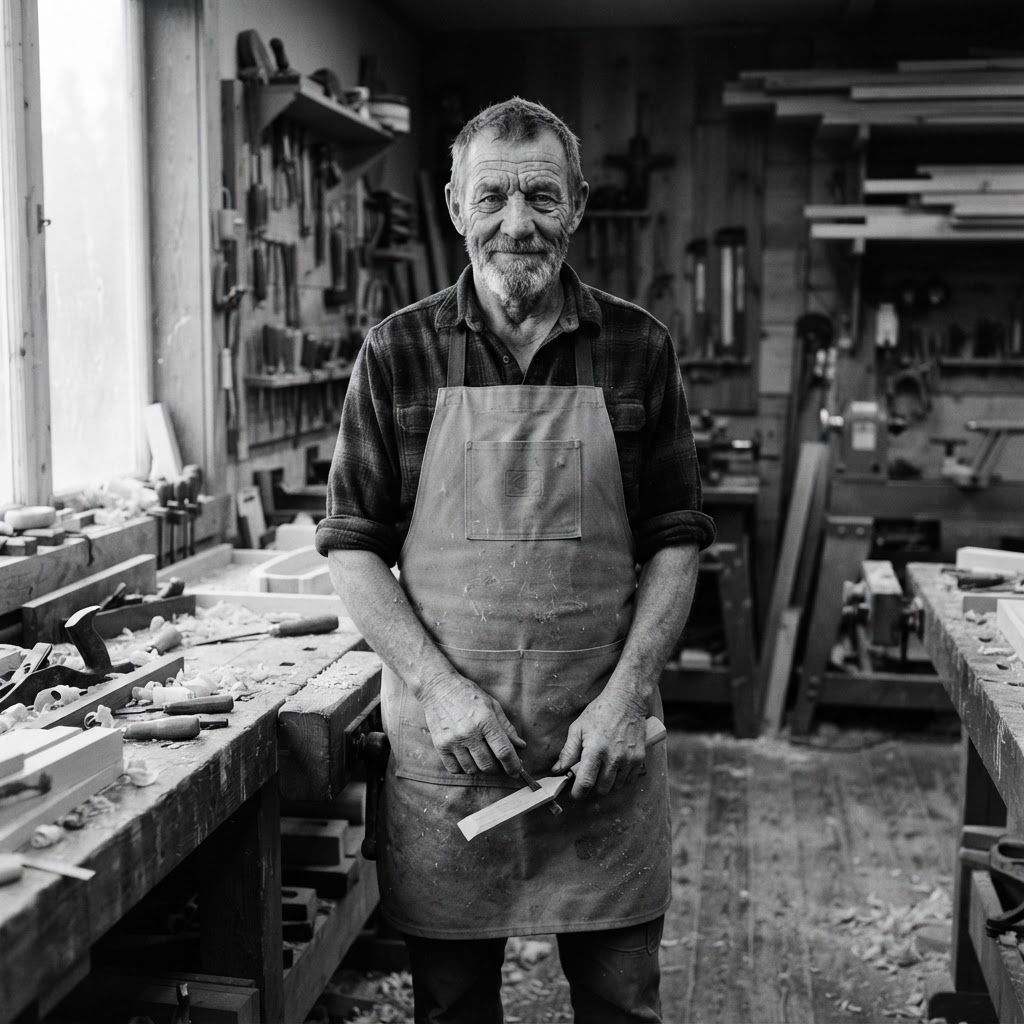 A master craftsman photographed in a woodworking atelier