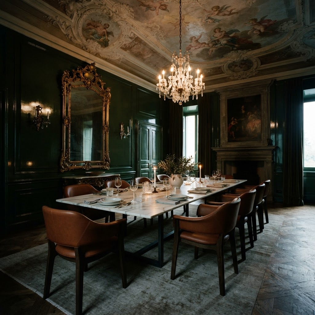 A palazzo dining room with forest green lacquered walls and a conserved fresco fragment