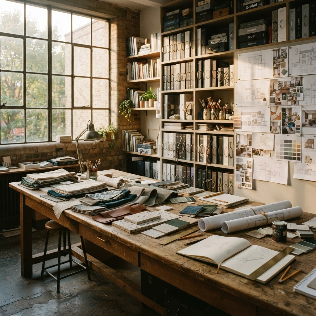 The Marylebone atelier with drawings pinned above a long oak worktable